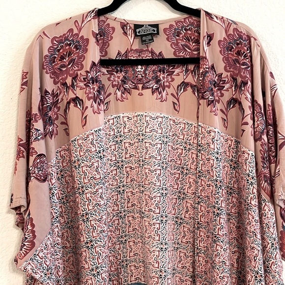 Angie Women Kimono Cardigan Large Pink Longline Floral Coastal Grandma Bohemian - Picture 5 of 13